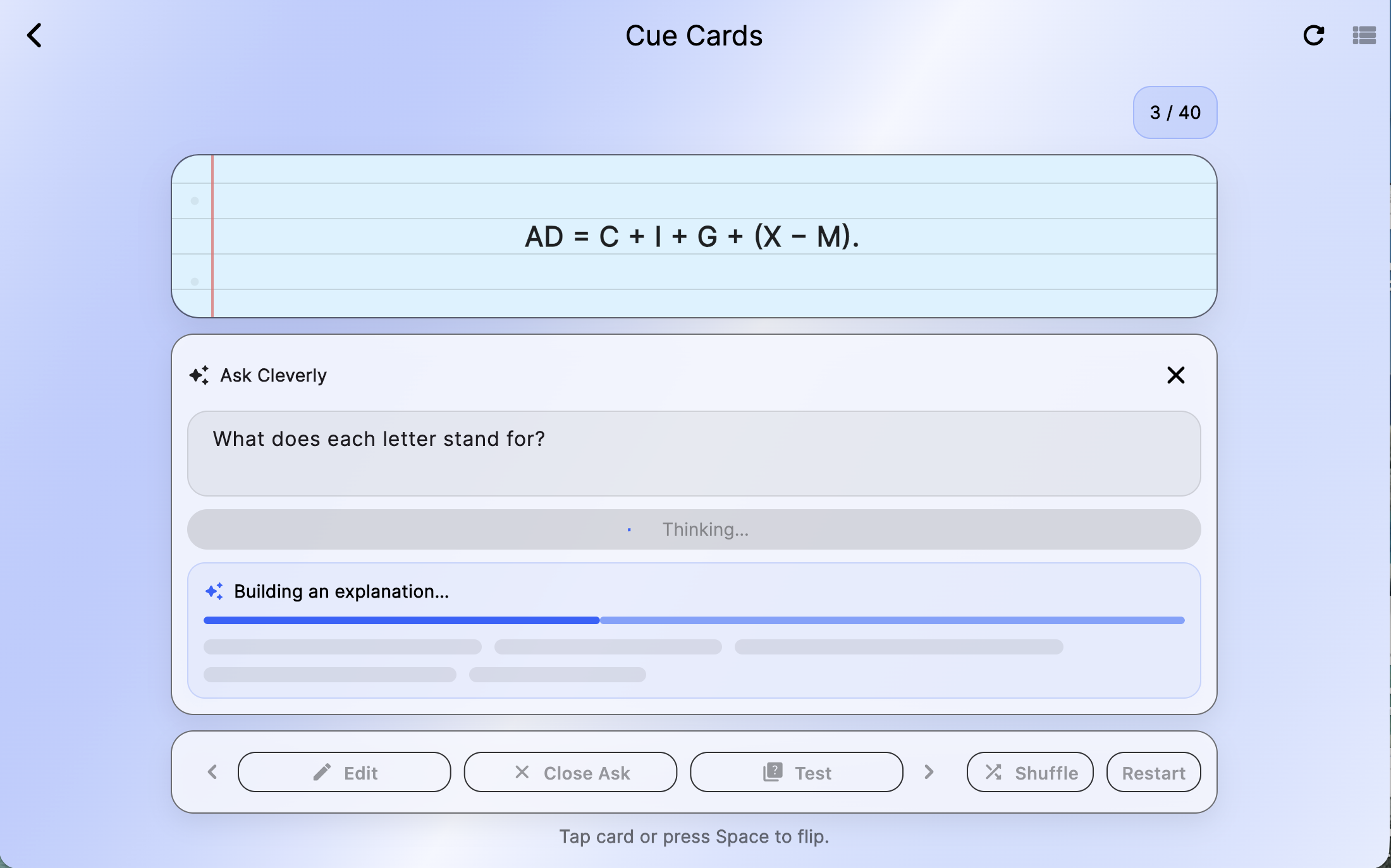 Flashcard session with swipe style progression.