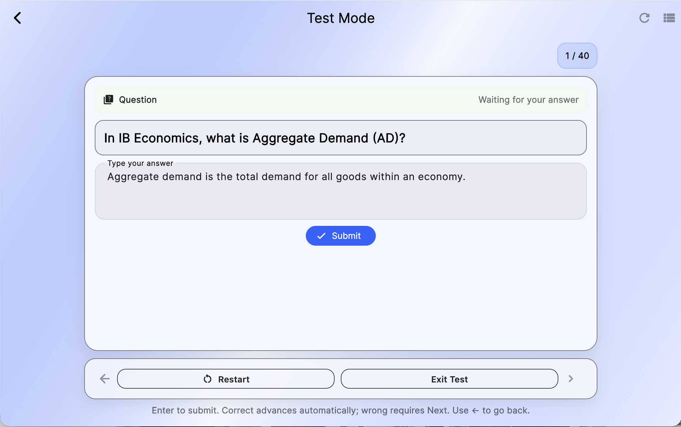 Cue card testing mode showing answer reveal controls.