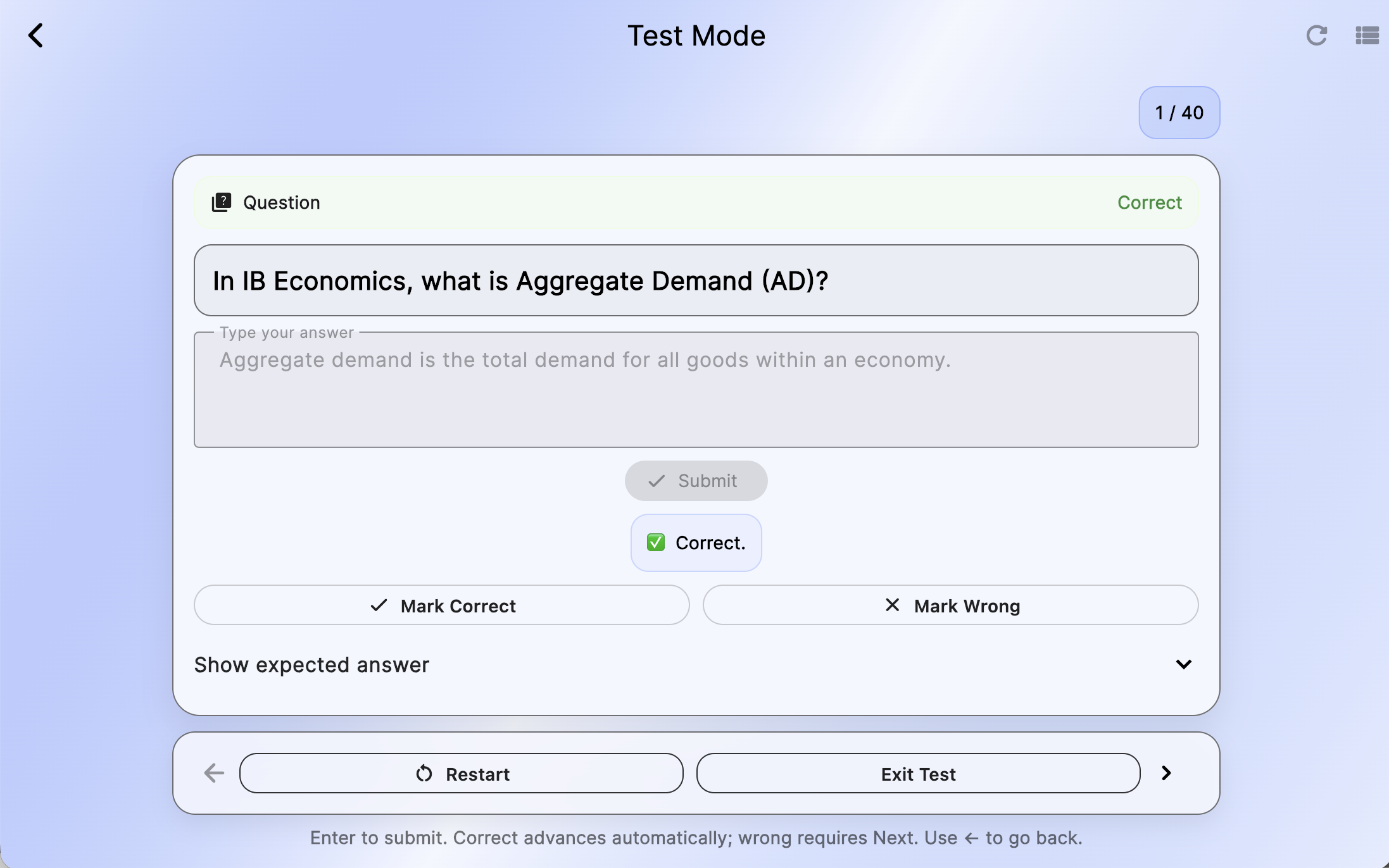 Cue card test progress with active prompt and response controls.