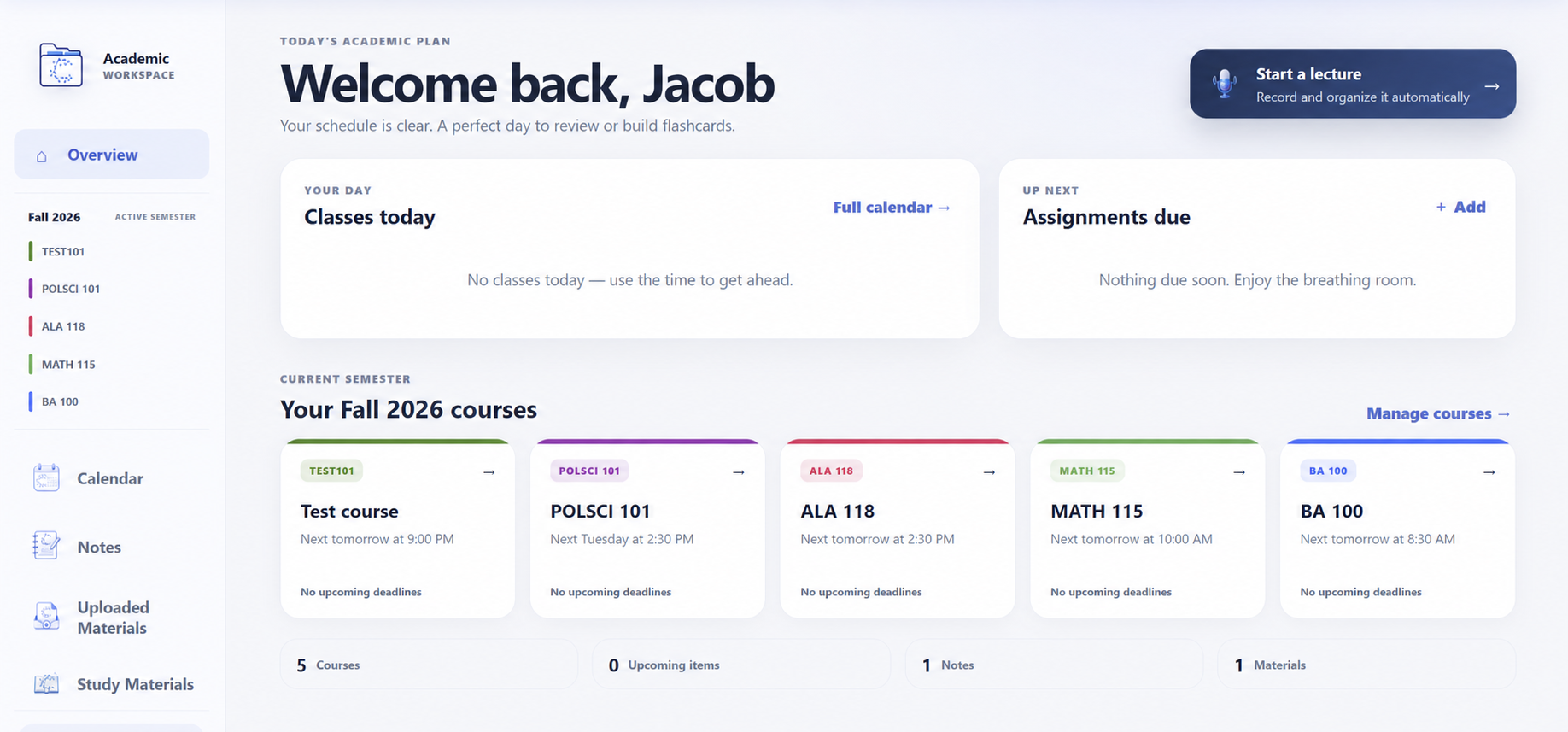 CleverlyAI workspace showing today's plan, assignments, and courses