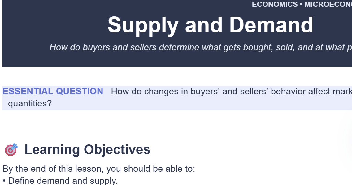 An economics lesson document opened inside CleverlyAI