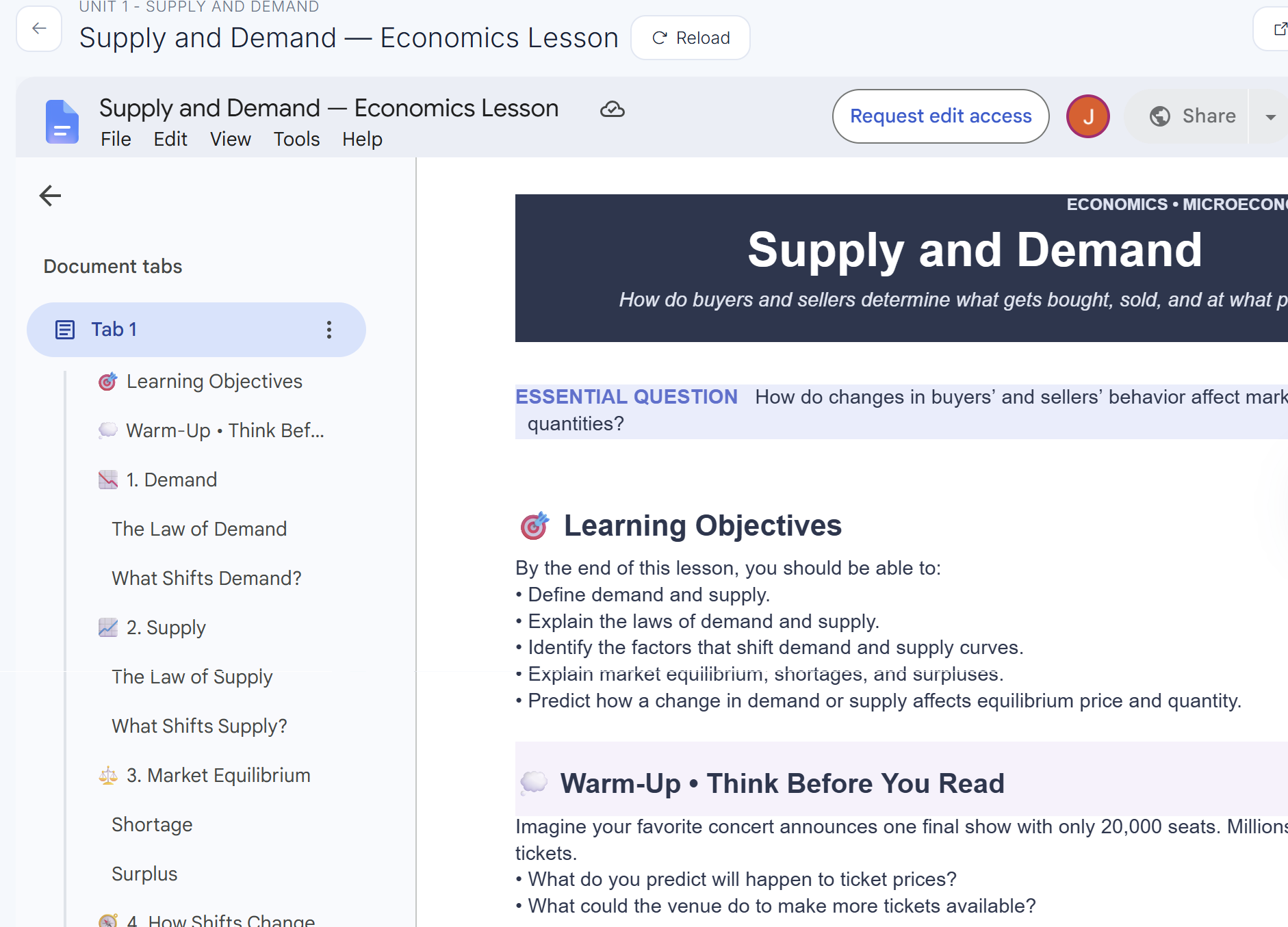An economics lesson document opened inside CleverlyAI