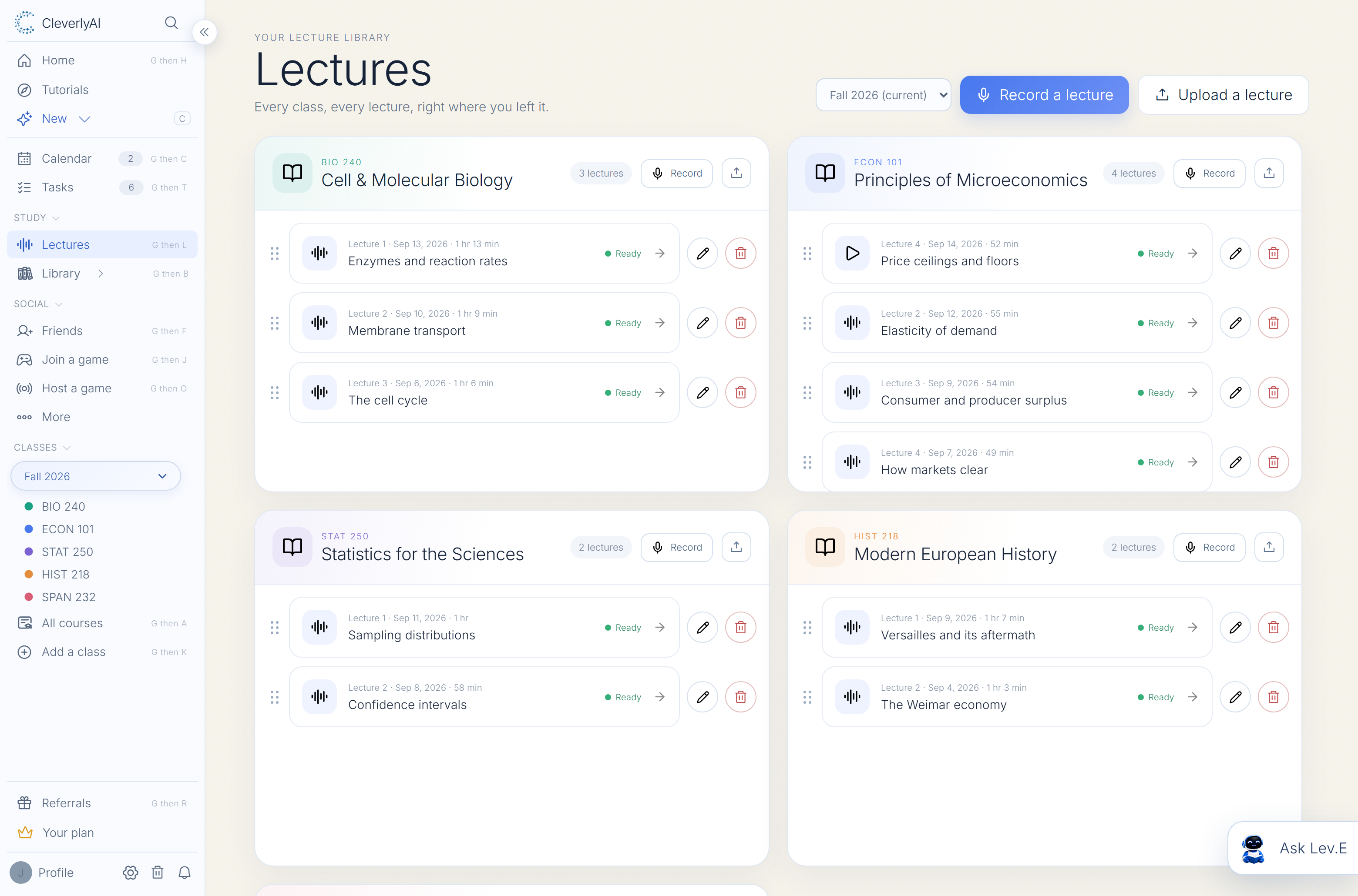 CleverlyAI lecture library organized by course