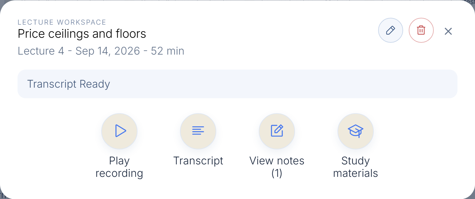Lecture workspace with recording, transcript, notes, and study materials