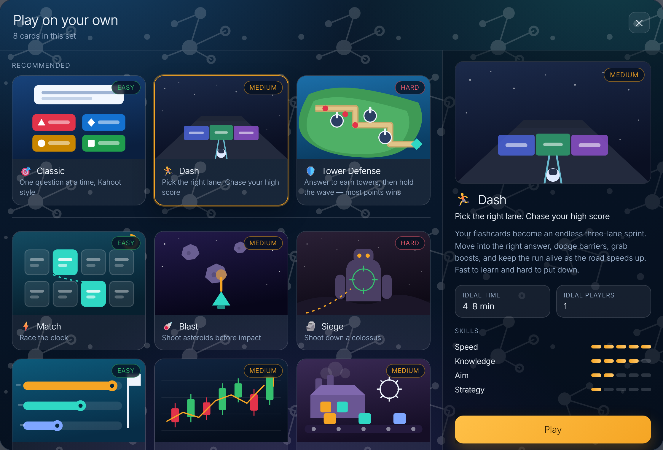 CleverlyAI game menu with classic, tower defense, siege, match, and other study modes