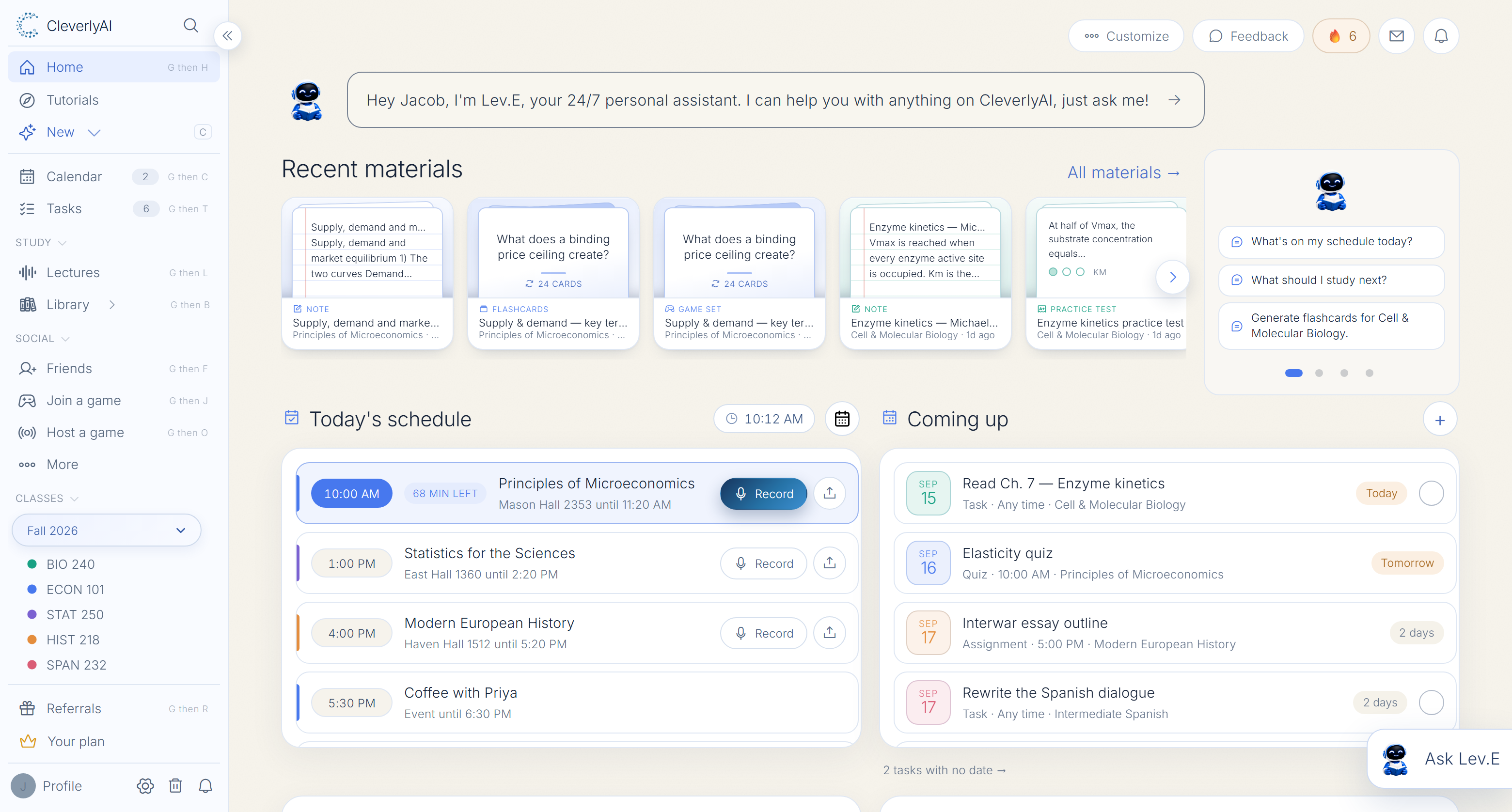 The CleverlyAI workspace home: recent study materials, today's class schedule, and what is coming up