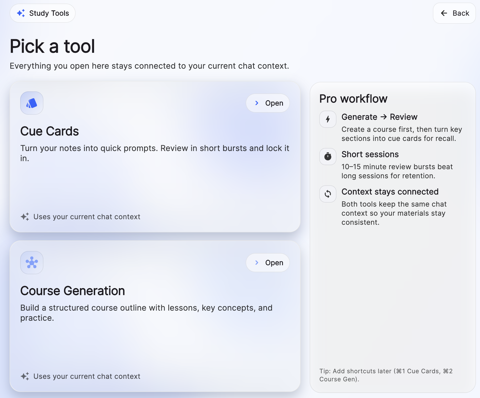 In-app study menu with live help tools and active study controls.
