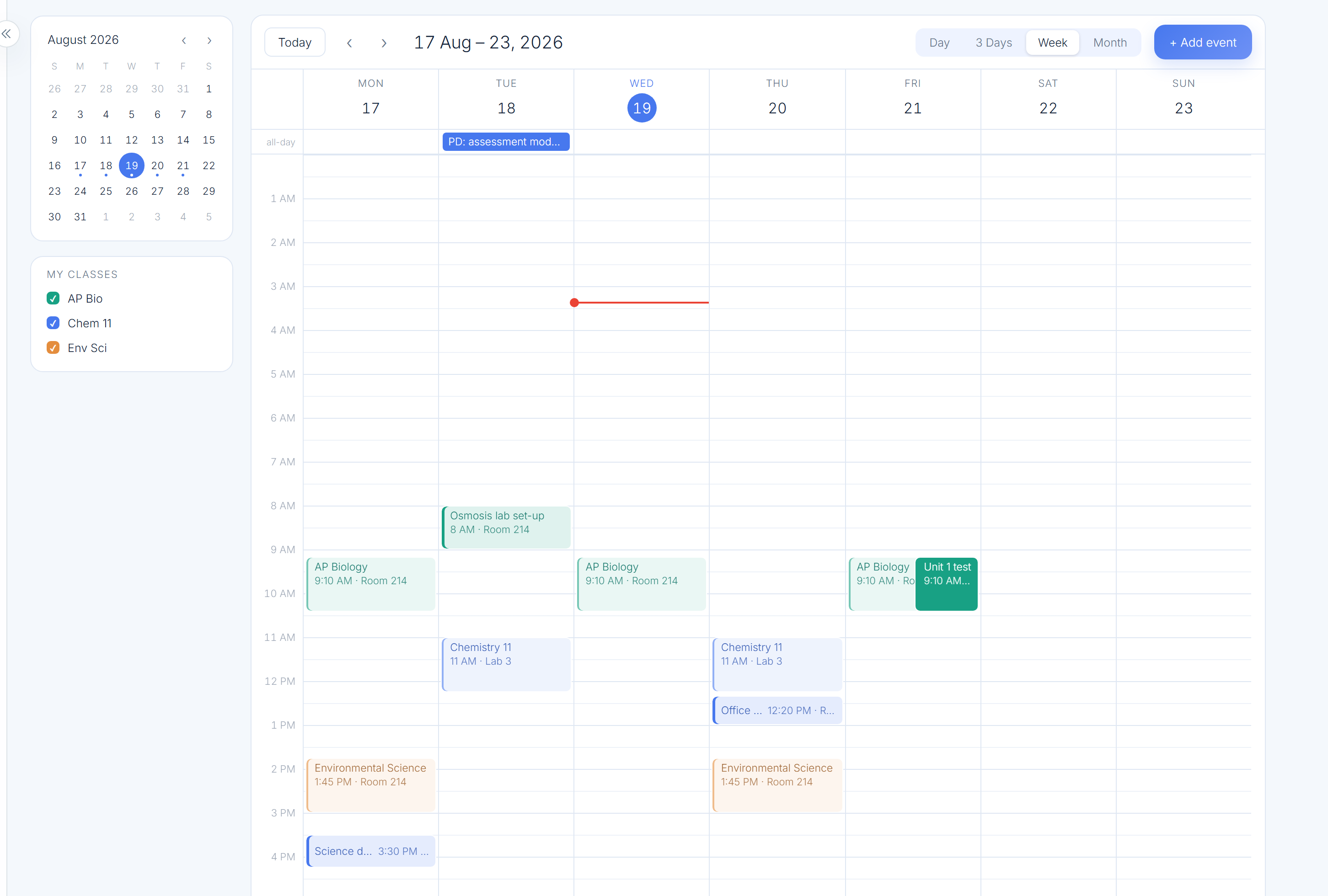 A professor's week in CleverlyAI: AP Biology, Chemistry and Environmental Science periods, a lab set-up, office hours and a department meeting