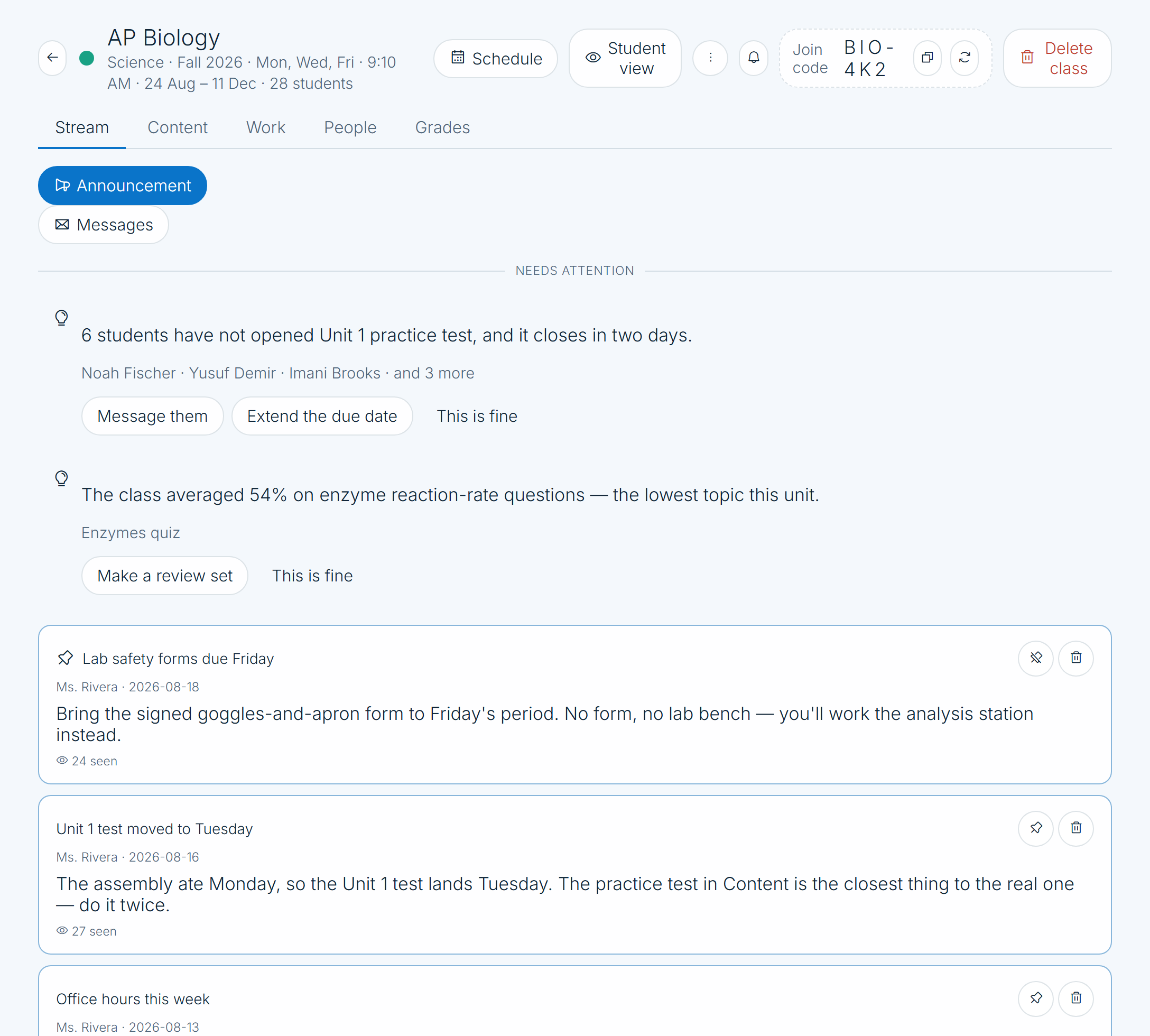 A class stream with a pinned announcement about lab safety forms, a second announcement, seen counts, and two attention cards above them