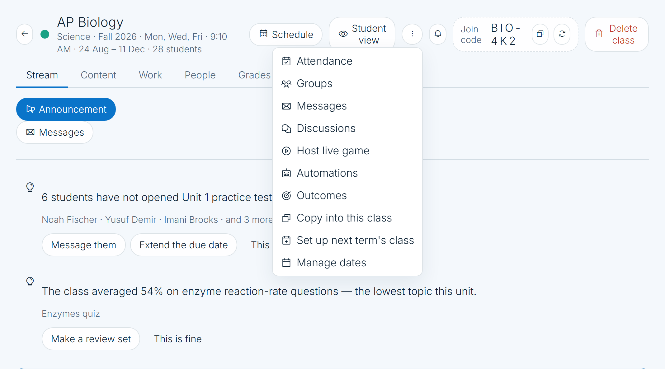 A class tools menu offering Attendance, Groups, Messages, Discussions, Host live game, Automations, Outcomes, Copy into this class, Set up next term's class and Manage dates