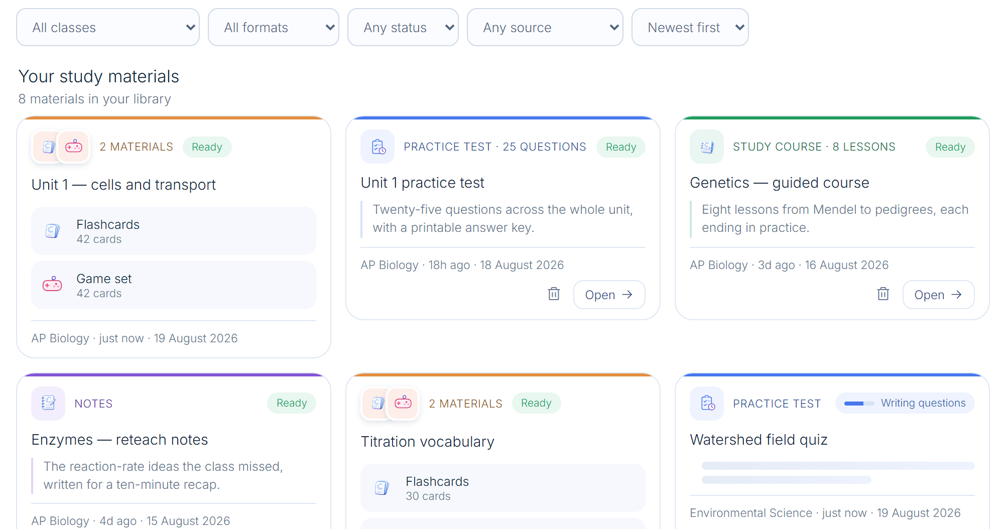 A professor's CleverlyAI library holding flashcards, a game set, a practice test, a guided mini lesson and reteach notes