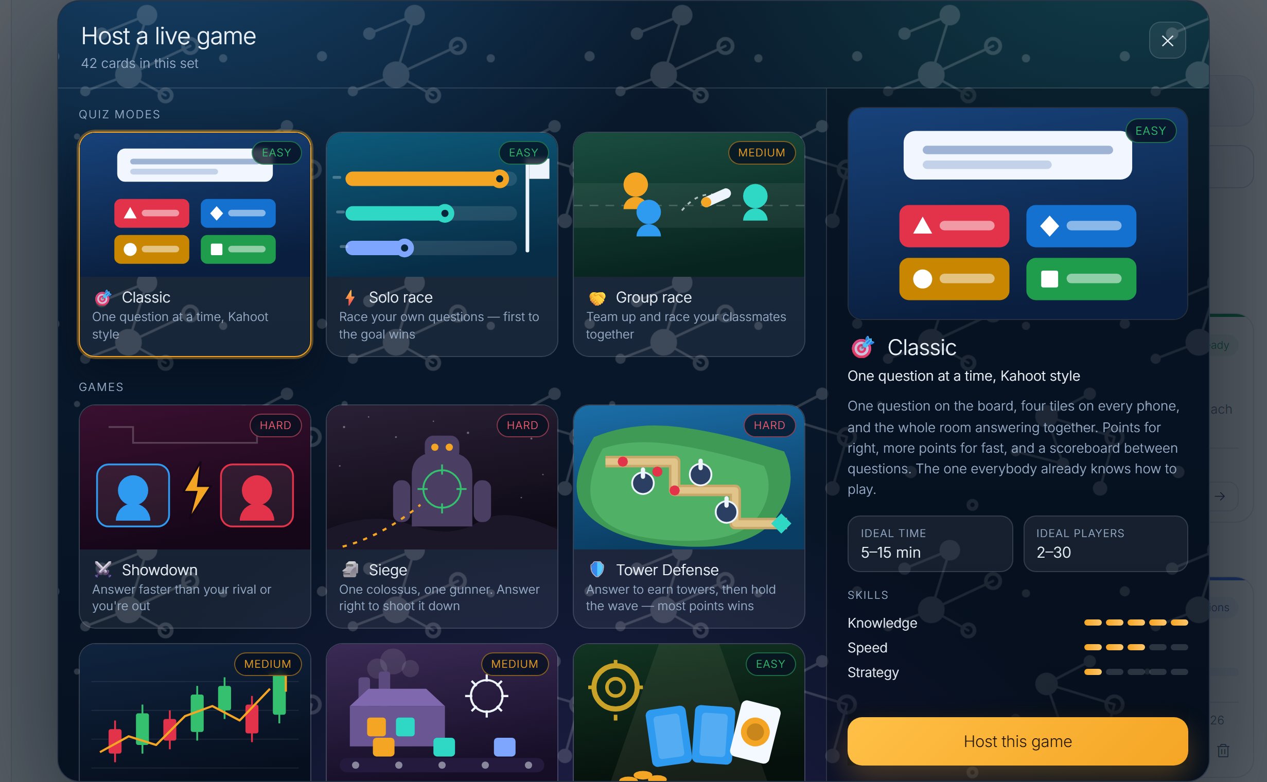 The Host a live game menu showing Classic, Solo race, Group race, Showdown, Siege, Tower Defense and more, with ideal time and player count for the selected mode
