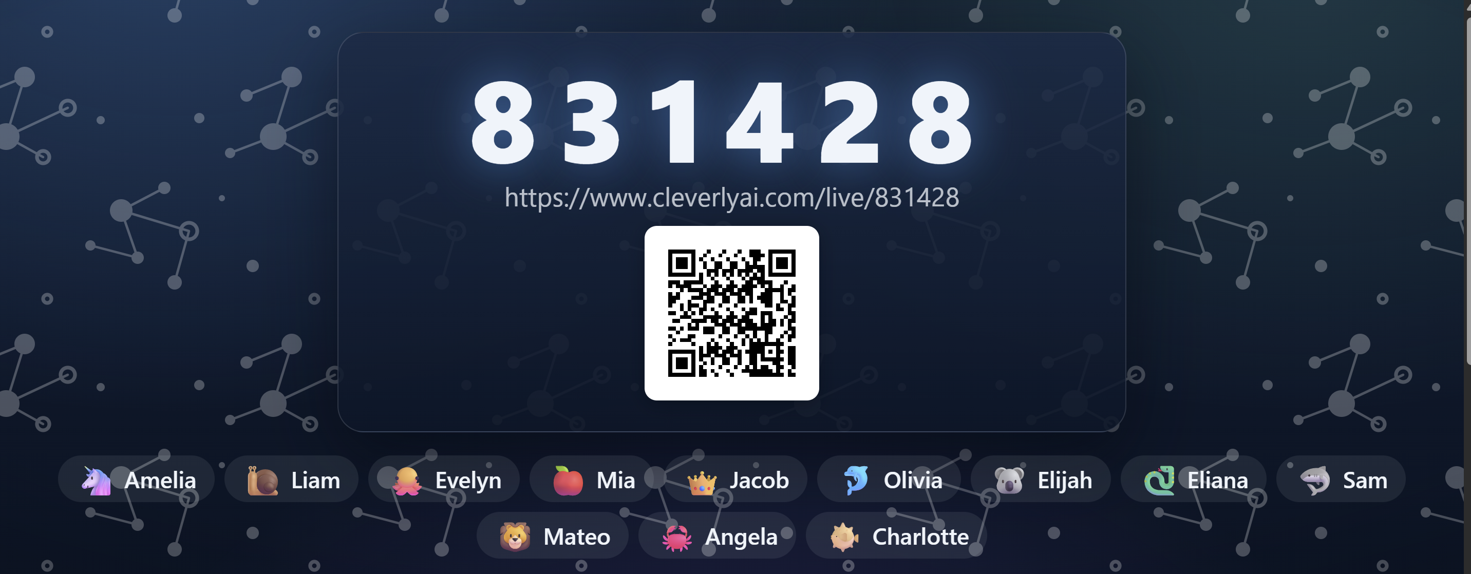 A live game lobby on the projector: a large join code, the join link, a QR code, and twelve students who have joined