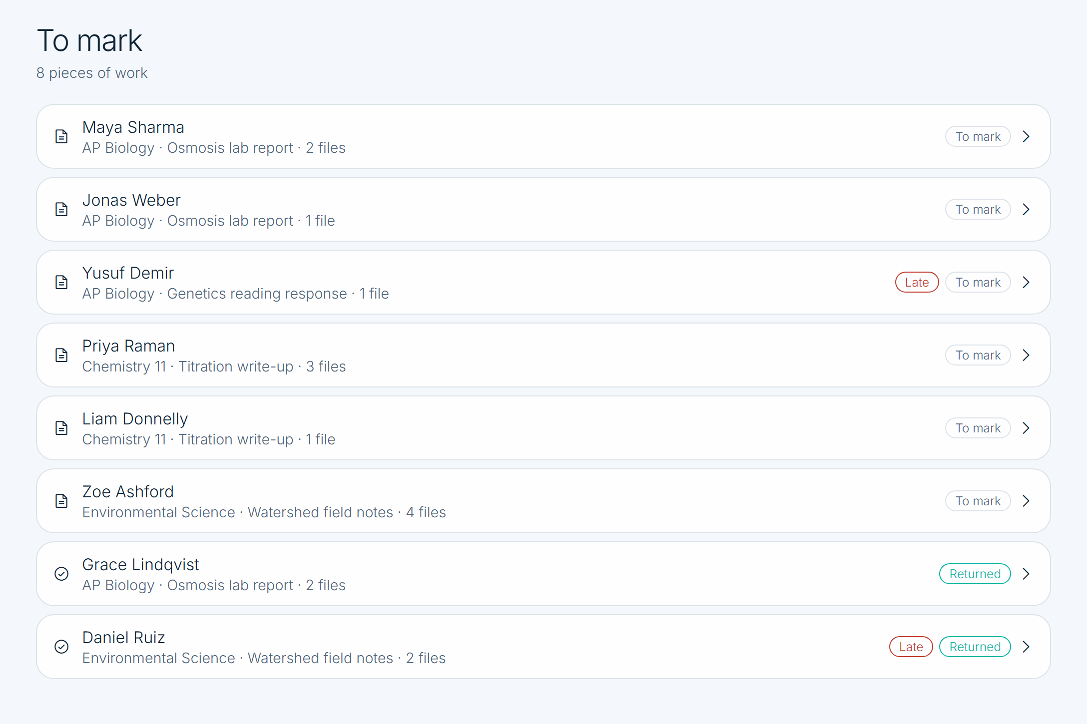 The cross-class To mark queue listing submitted work with Late and Returned tags