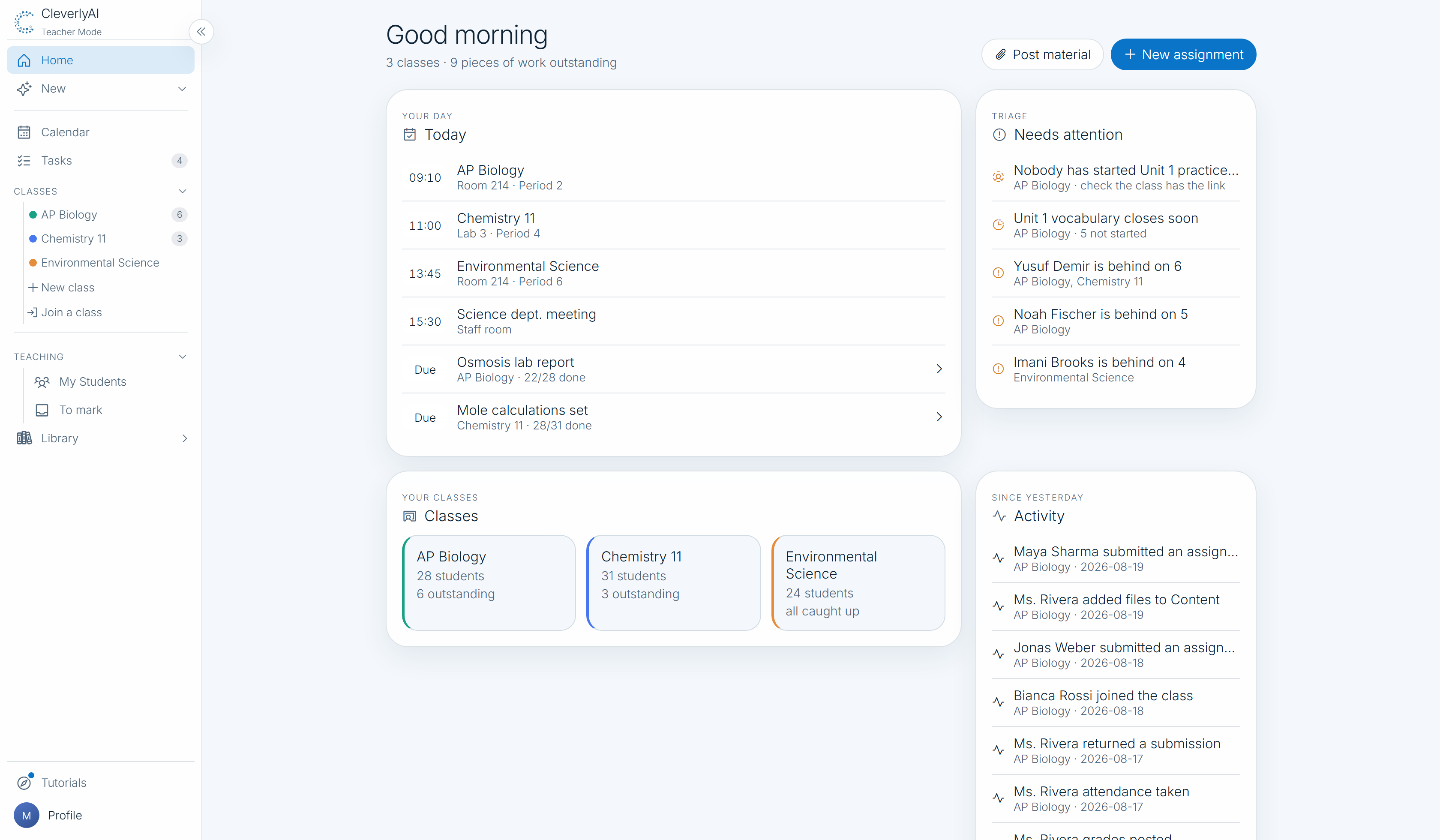 CleverlyAI Professor Mode home showing today's periods, work that needs attention, class cards, and recent class activity